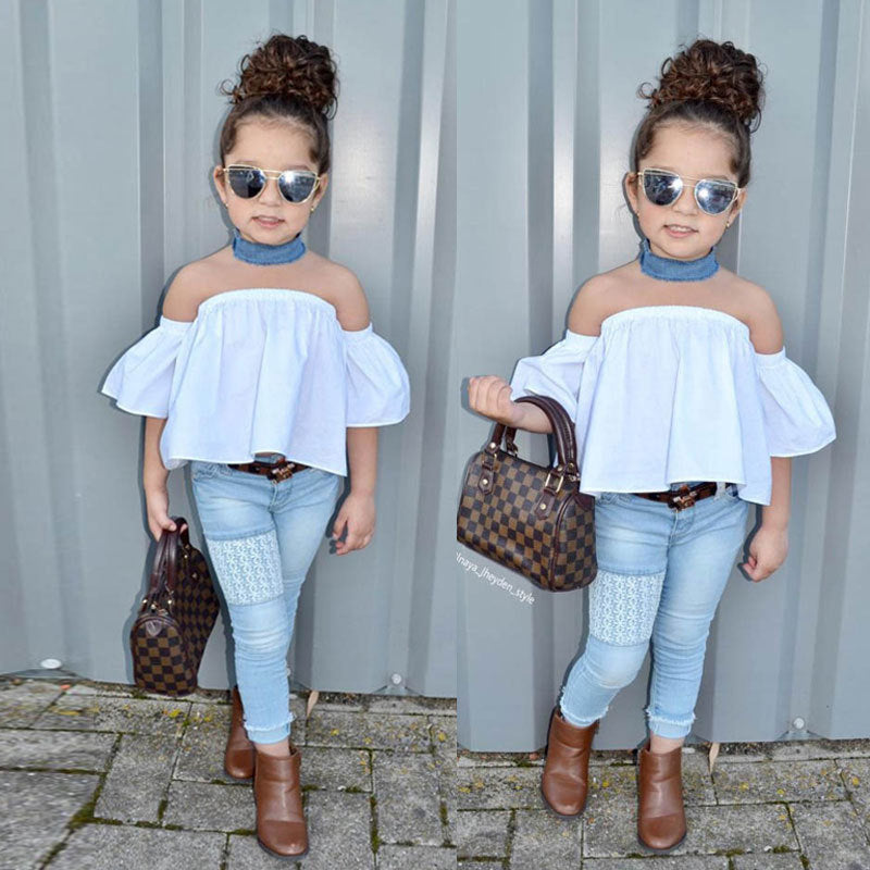 One-line neck strapless jeans suit
