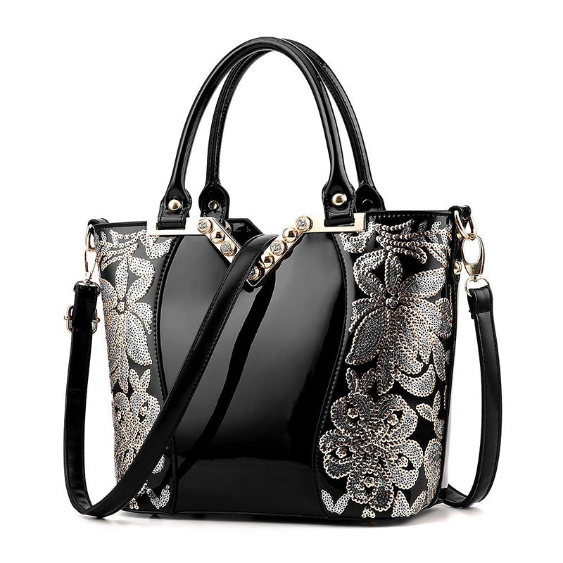 Black Embroidered bright leather shoulder bag