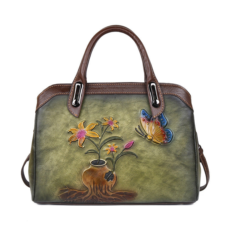 Sac à main Boston vintage en cuir de vachette gaufré floral chinois 32x11x24cm