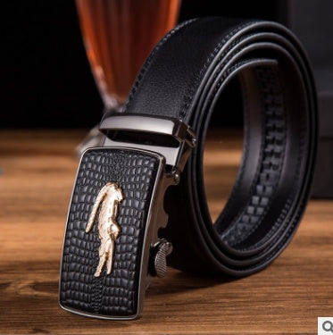 Men's Leather Automatic Buckle Belt 3.55CM Wide with Gold Buckle Head
