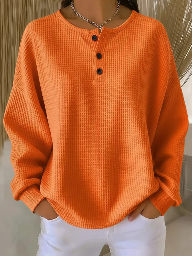 Haut pull à manches longues en tricot gaufré avec boutons, couleur unie, pour femme