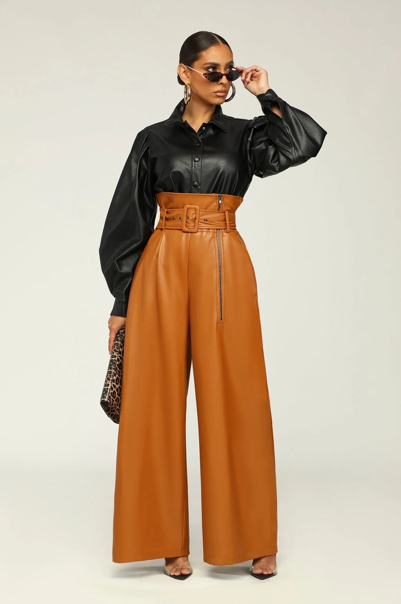 High Waist PU Leather Pants Metal Belt Wide Leg Trousers