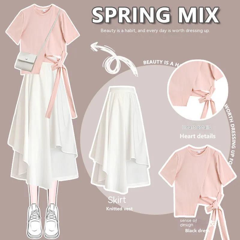 Stylish Loose Short Sleeve T-Shirt and Skirt Set for Women