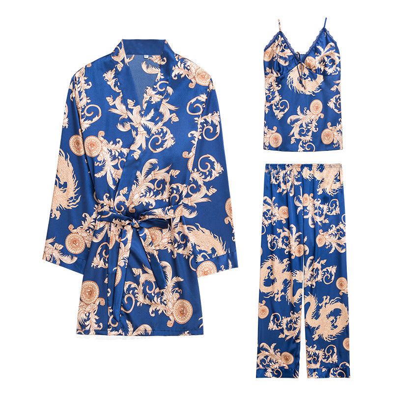 Ensemble de pyjama trois pièces en soie artificielle pour femme