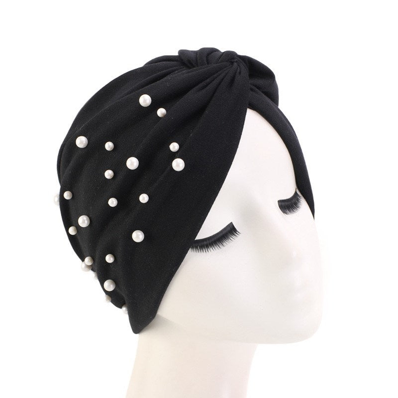 Turban tricoté en coton musulman avec des perles cloutées pour le printemps, l'automne, l'hiver