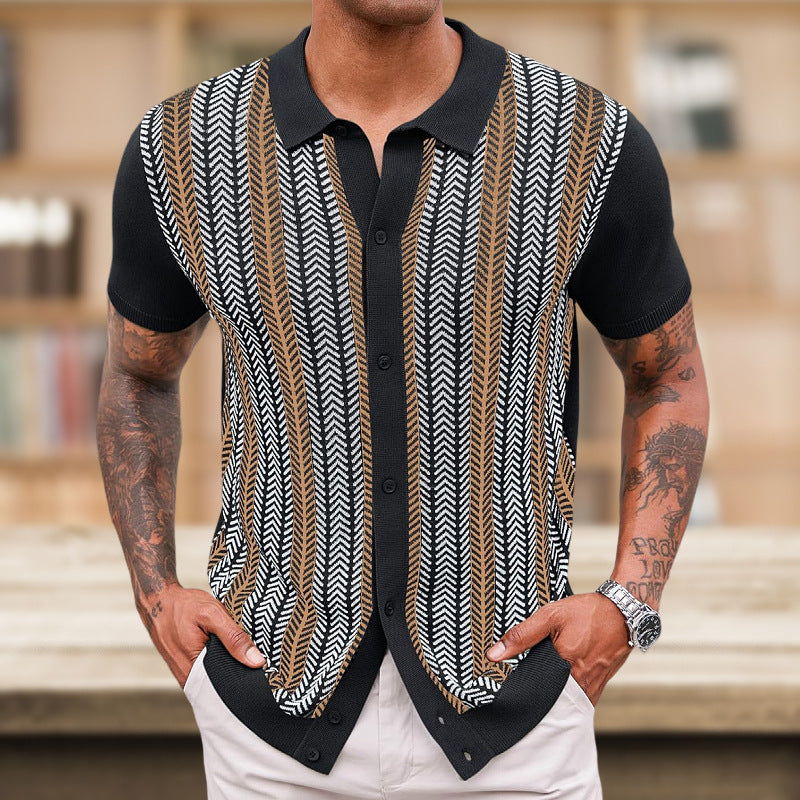 Men's Casual Striped Jacquard Short Sleeve Sweater Summer Sizes M-3XL