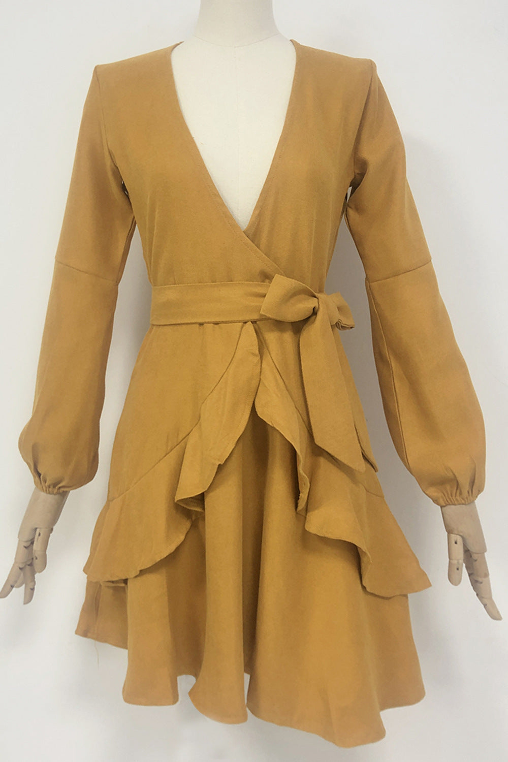 Ruffled Pleated Long Sleeve Lace Up V-neck Pink Women's Skirt