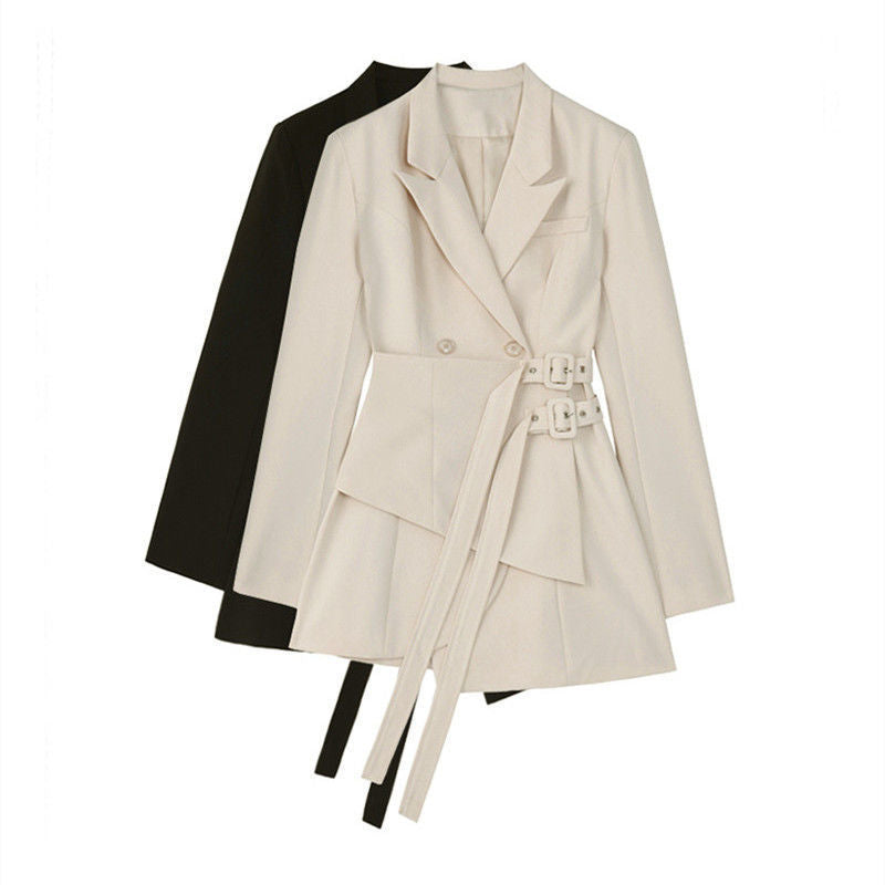 Women's Apricot Black Girdle Design Double-Breasted Blazer