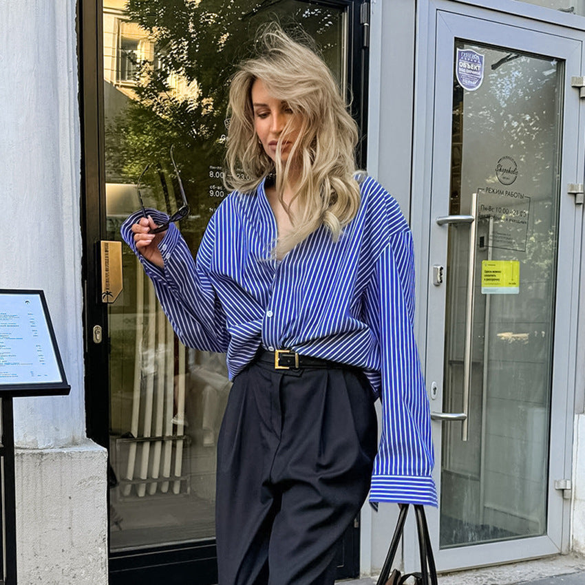 French Style Blue Striped Polyester Shirt with Button Detail