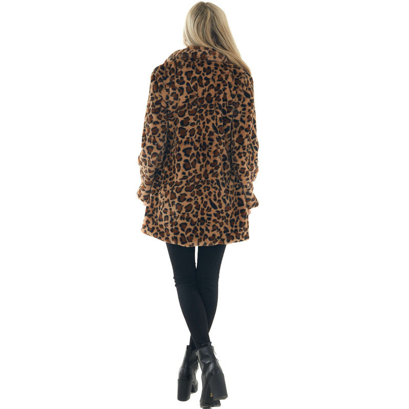 Leopard Print Loose Mink Coat with Pockets