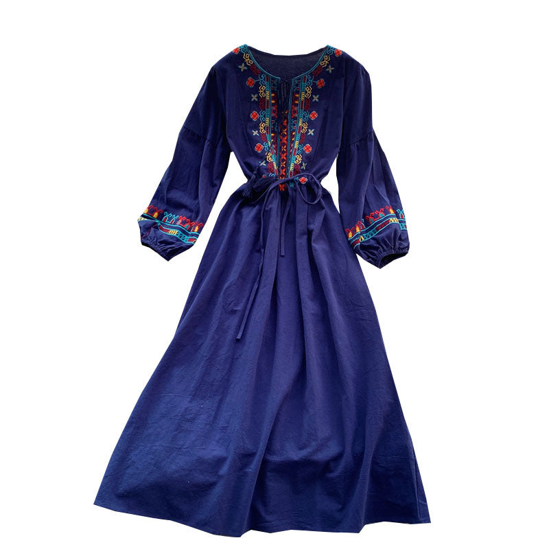 Cotton Hemp Embroidered National Style Long Dress