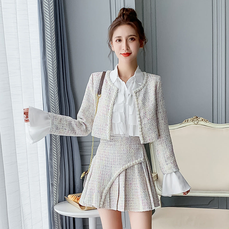 Women's Tweed Jacket Pleated Shirt and Skirt Set