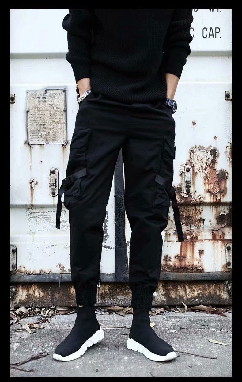 Men's Black Loose Polyester Overalls Pants Casual Trousers