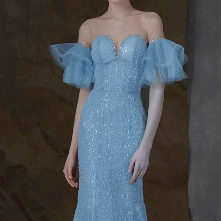 Women's Fashion Heavy Worker Fish Beaded Dress Blue Polyester Fiber