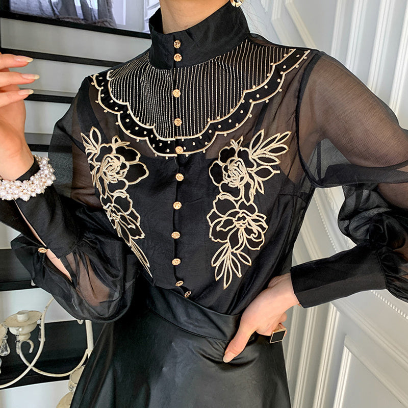 Women's Embroidered Flower Mesh Lantern Sleeve Shirt, One Size