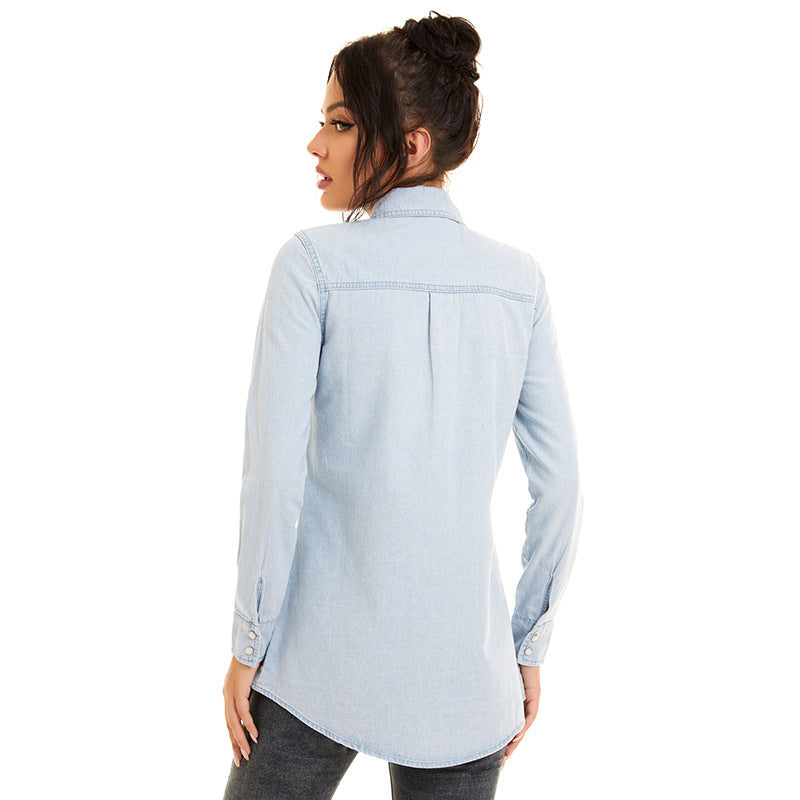 Veste-chemise mi-longue en jean pour femme avec broderies florales