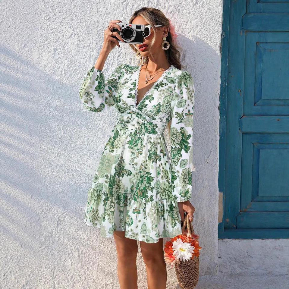 Printed Lace V-Neck Long Sleeve Vacation Dress