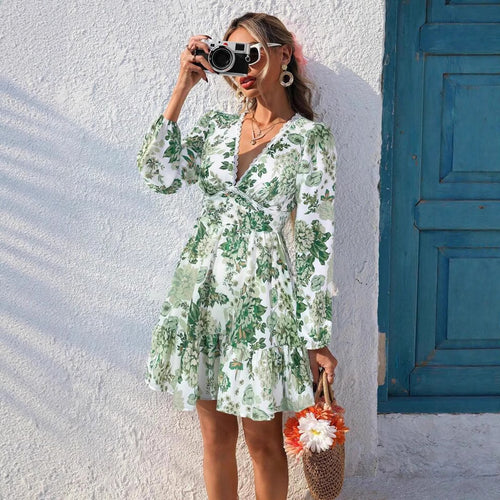 Printed Lace V-Neck Long Sleeve Vacation Dress