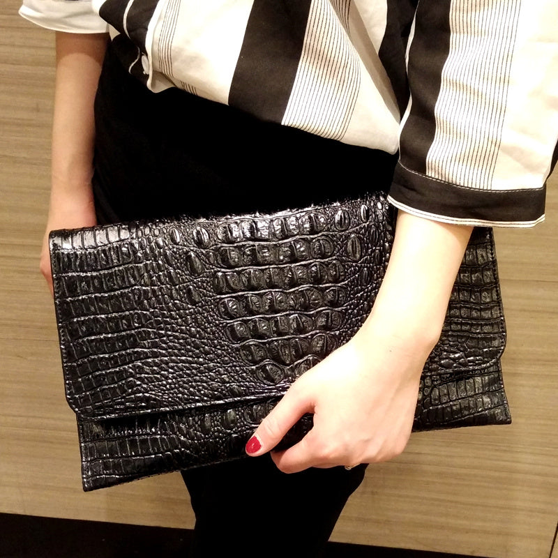 Leather Ladies Large-Capacity Crocodile Pattern Clutch Bag