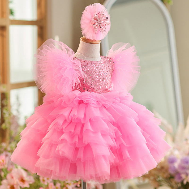 Girls' Pink Sequined Princess Dress with Headband - Sizes 80-160cm