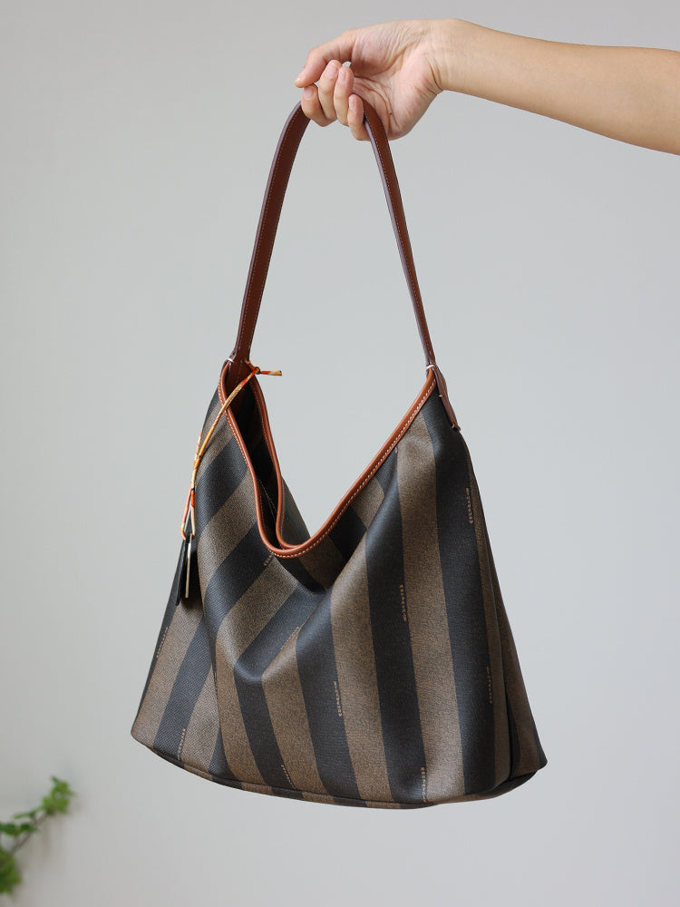 Head Layer Cowhide Soft Commuting Bag for Women with Retro Stripes