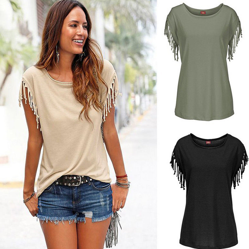 Ladies Big Size Round Neck Short Sleeve Tassel Cotton T-Shirt for US & Europe