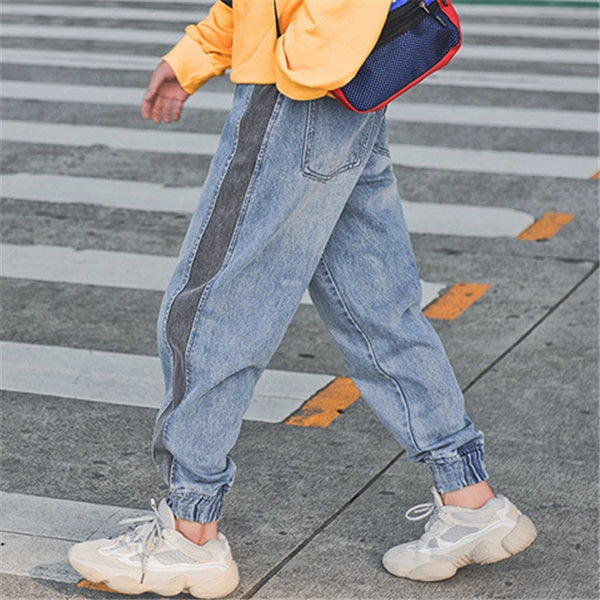 Jean crayon en coton bleu à empiècements M-2XL