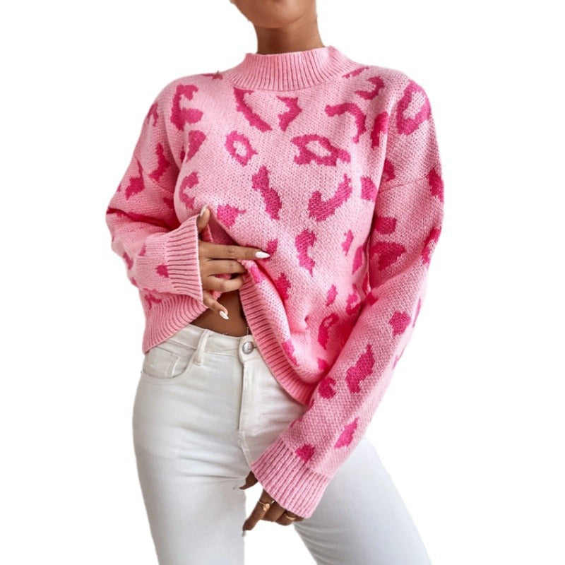 Haut pull jacquard imprimé léopard printemps et automne