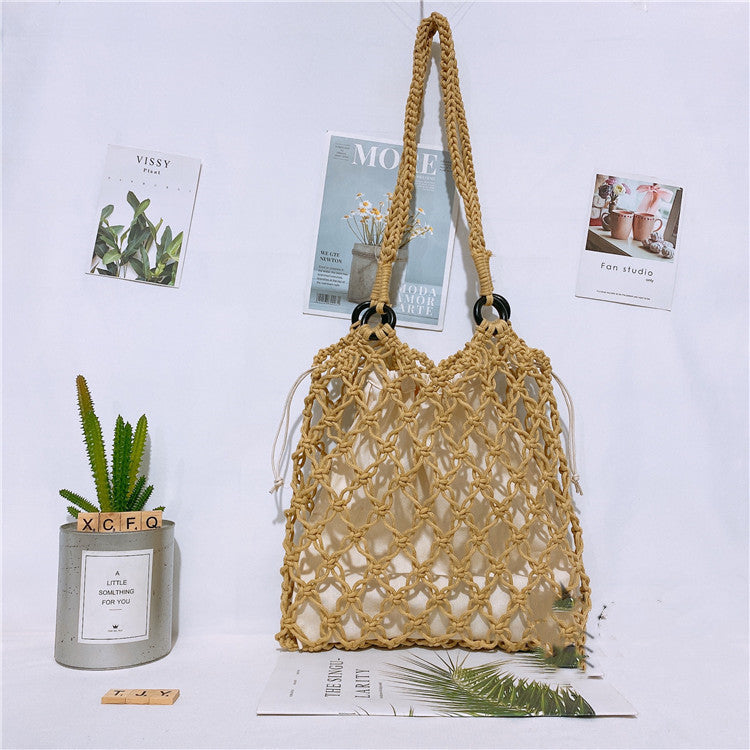 Women’s One Shoulder Straw Beach Bag with Drawstring Closure