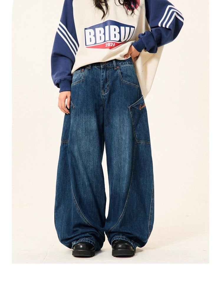 Jeans taille haute amples à jambes larges pour femme avec grandes poches bleu foncé