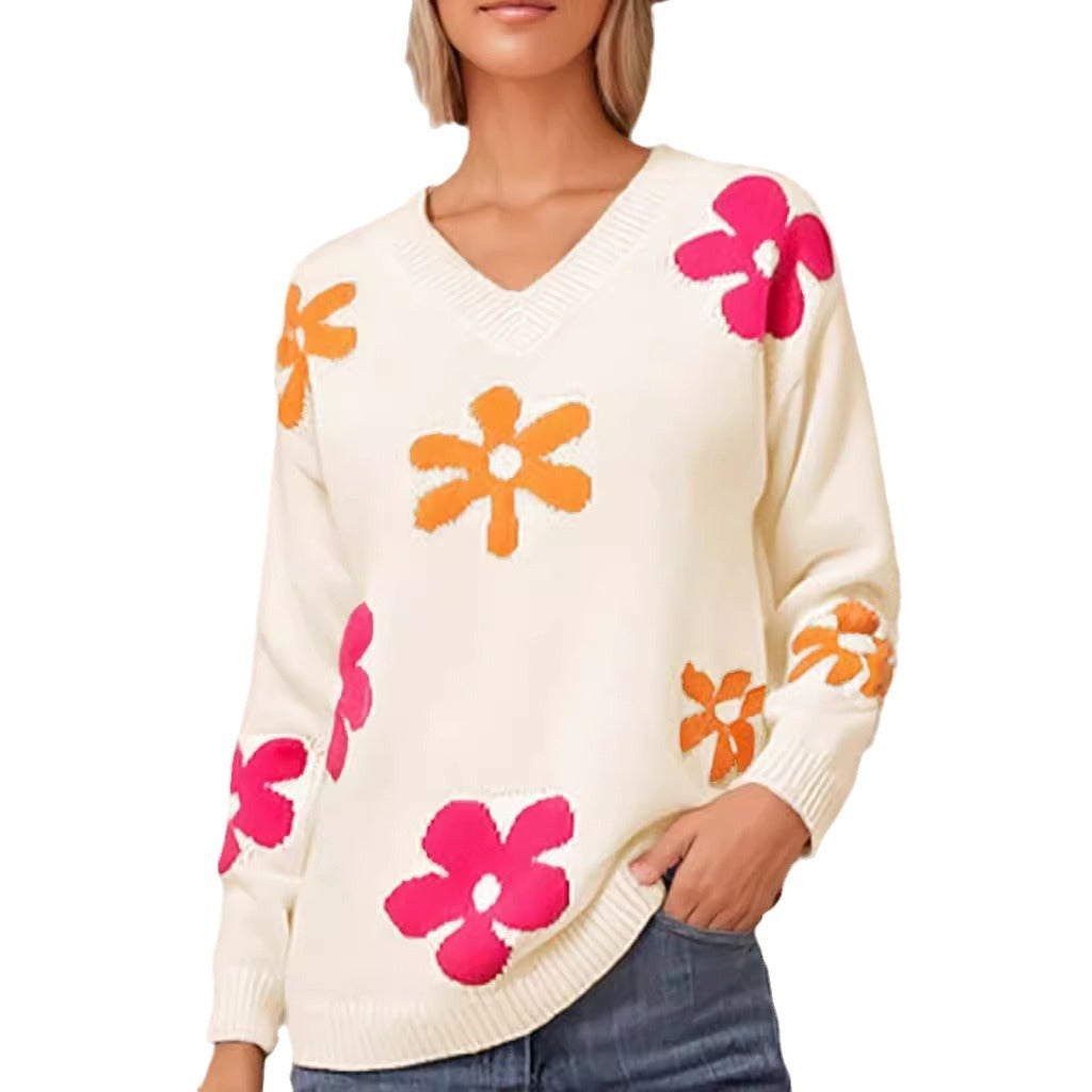 Haut en maille à manches longues et col en V motif floral abricot pour femme