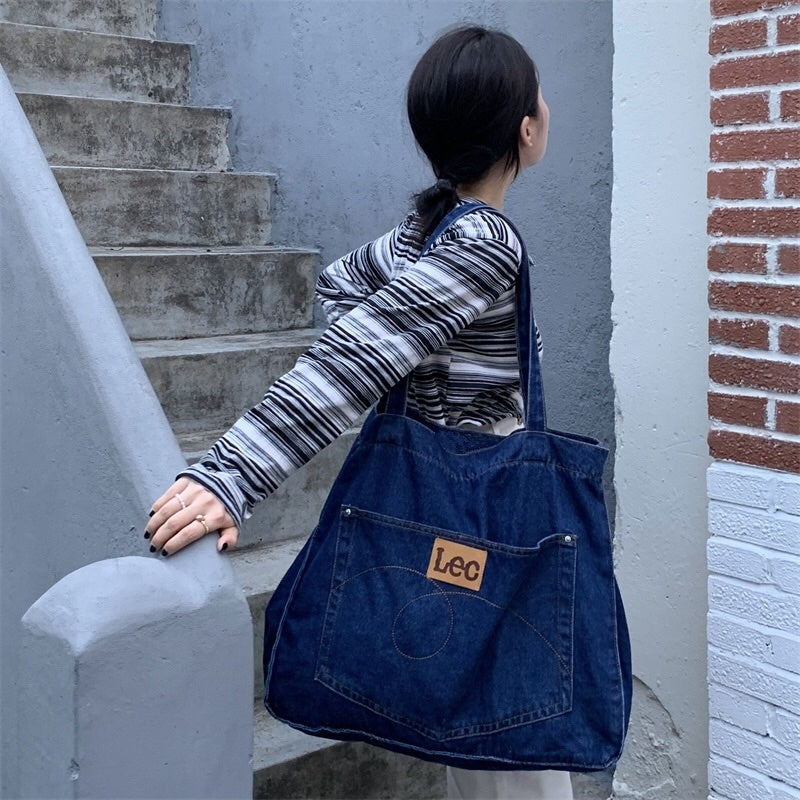 Japanese Denim Shoulder Bag With Large Capacity