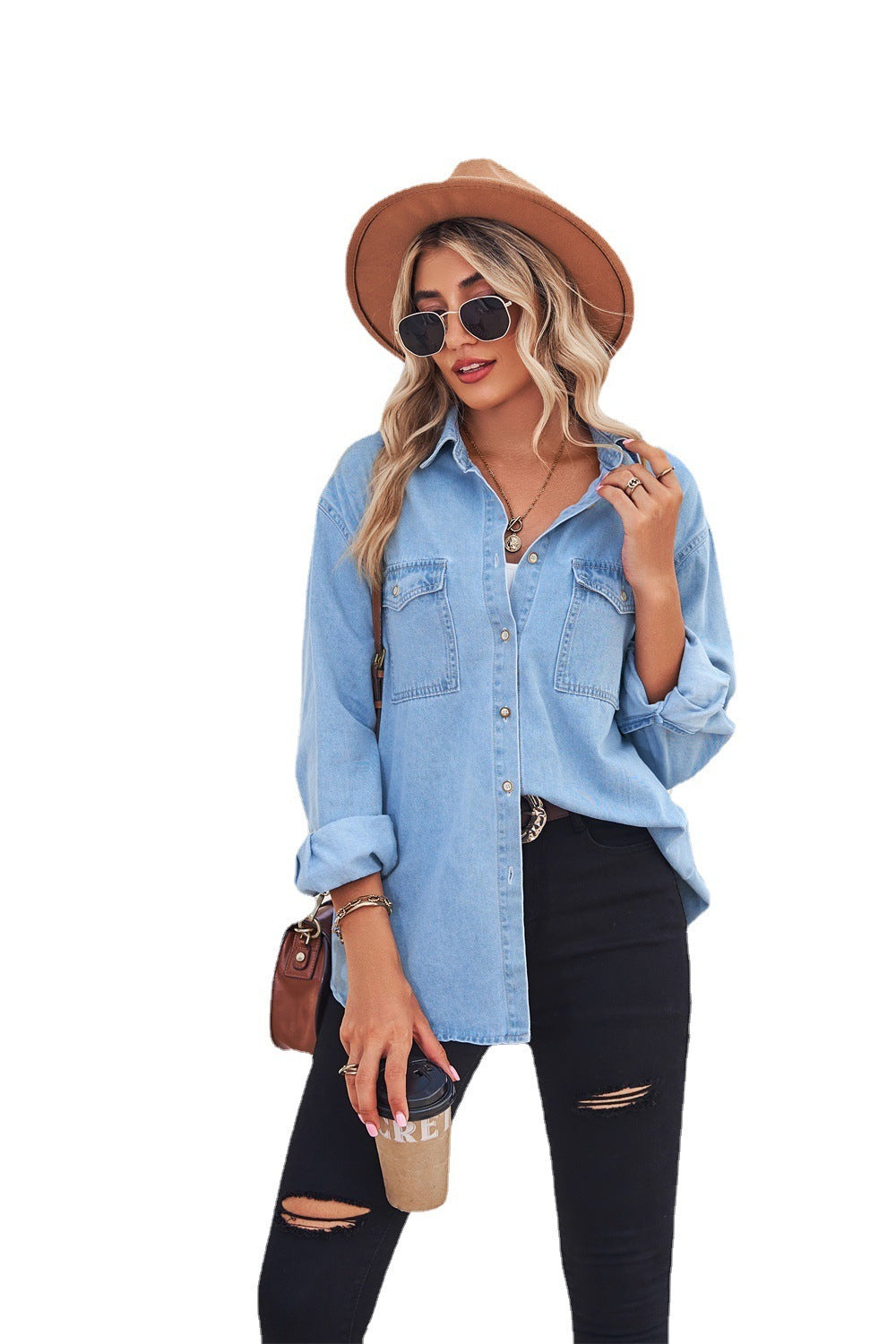 Chemise en jean slim fit à manches longues bleu clair pour femme