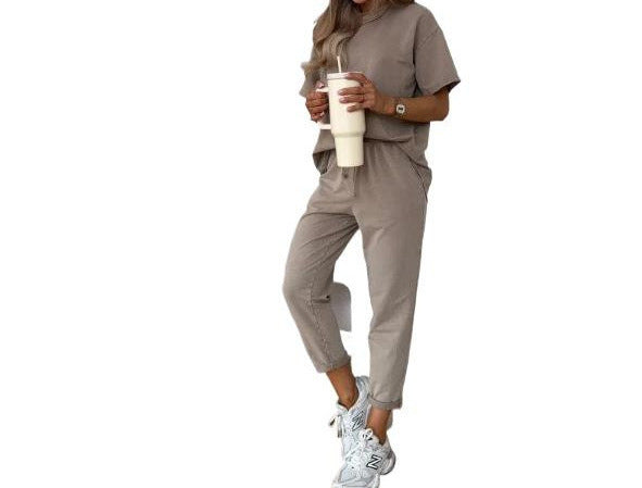 Solid Color Short-Sleeve Cropped Pants Casual 2-Piece Set