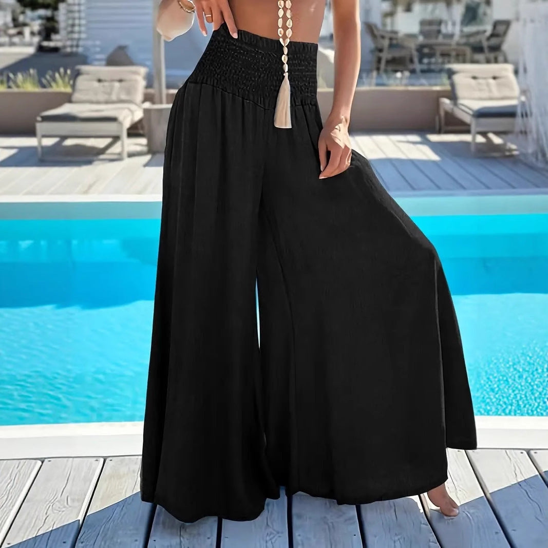 Solid Color High Waist Smocking Ice Silk Wide Leg Trousers