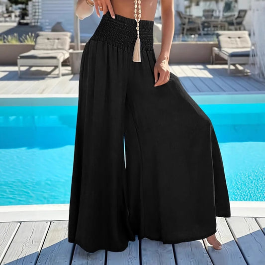 Solid Color High Waist Smocking Ice Silk Wide Leg Trousers