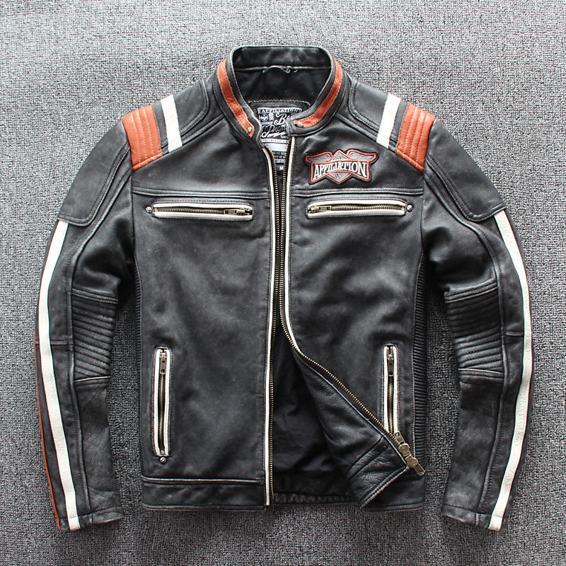 Men's Gray Cow Leather Motorcycle Jacket with Standing Collar