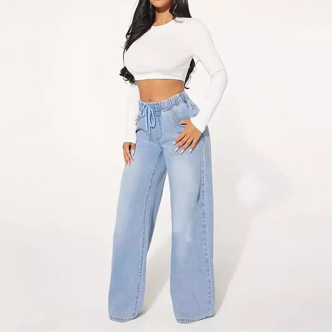 High Waist Light Blue Wide Leg Drawstring Jeans