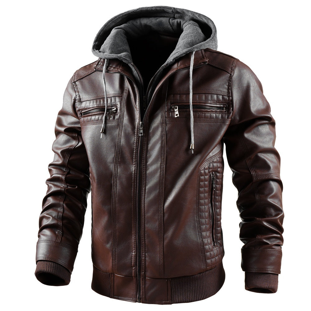 Blouson à capuche en cuir PU pour hommes avec poches zippées - Manteau chaud et tendance