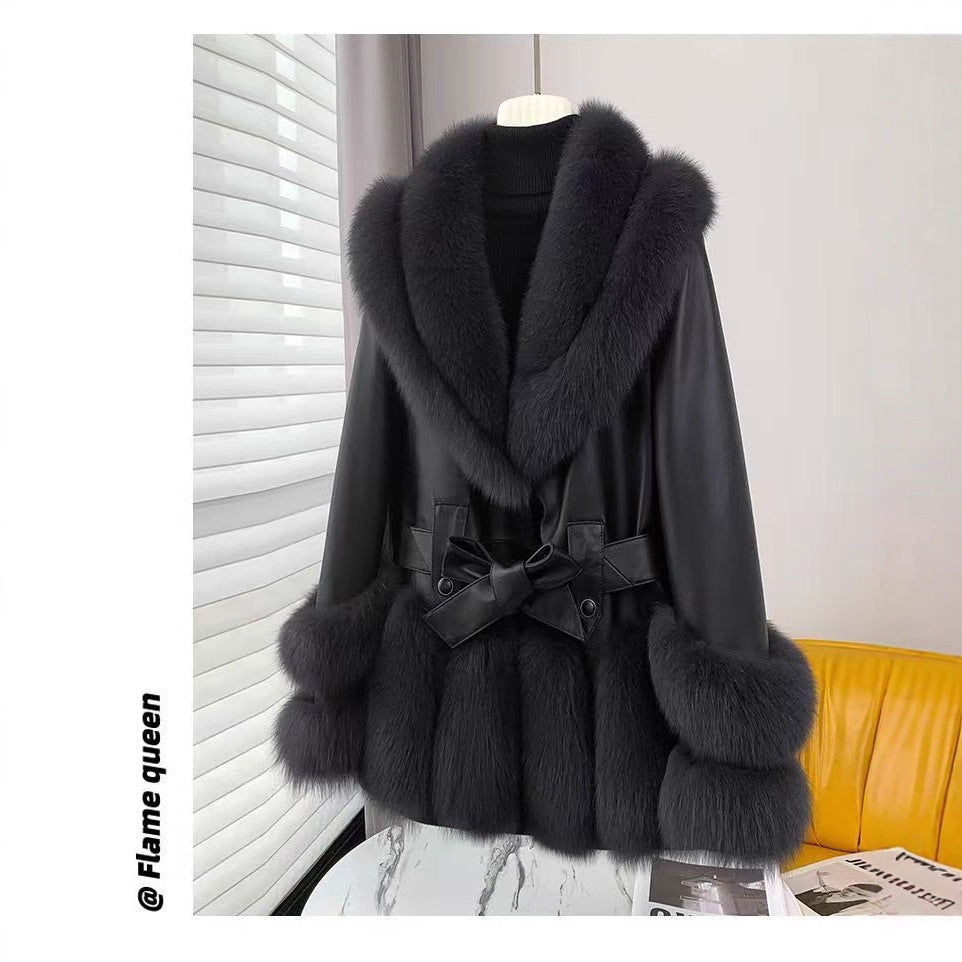Thick Mid-Length Faux Fur Leather Coat with Fur Collar
