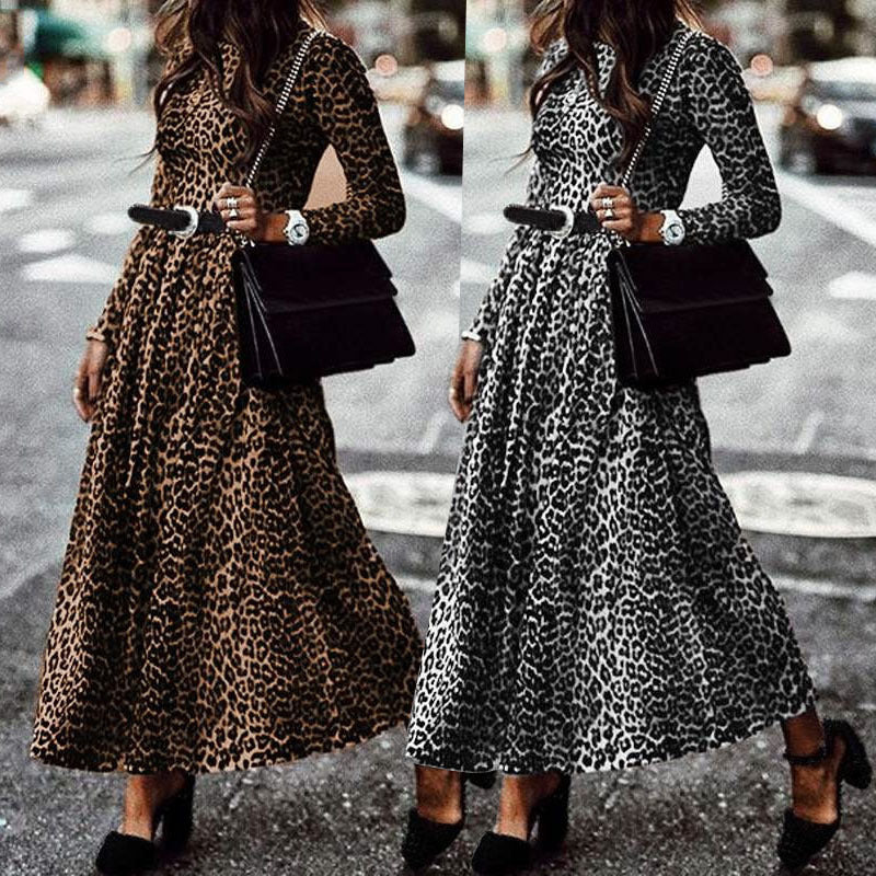 Leopard print long sleeve pleated pleated dress