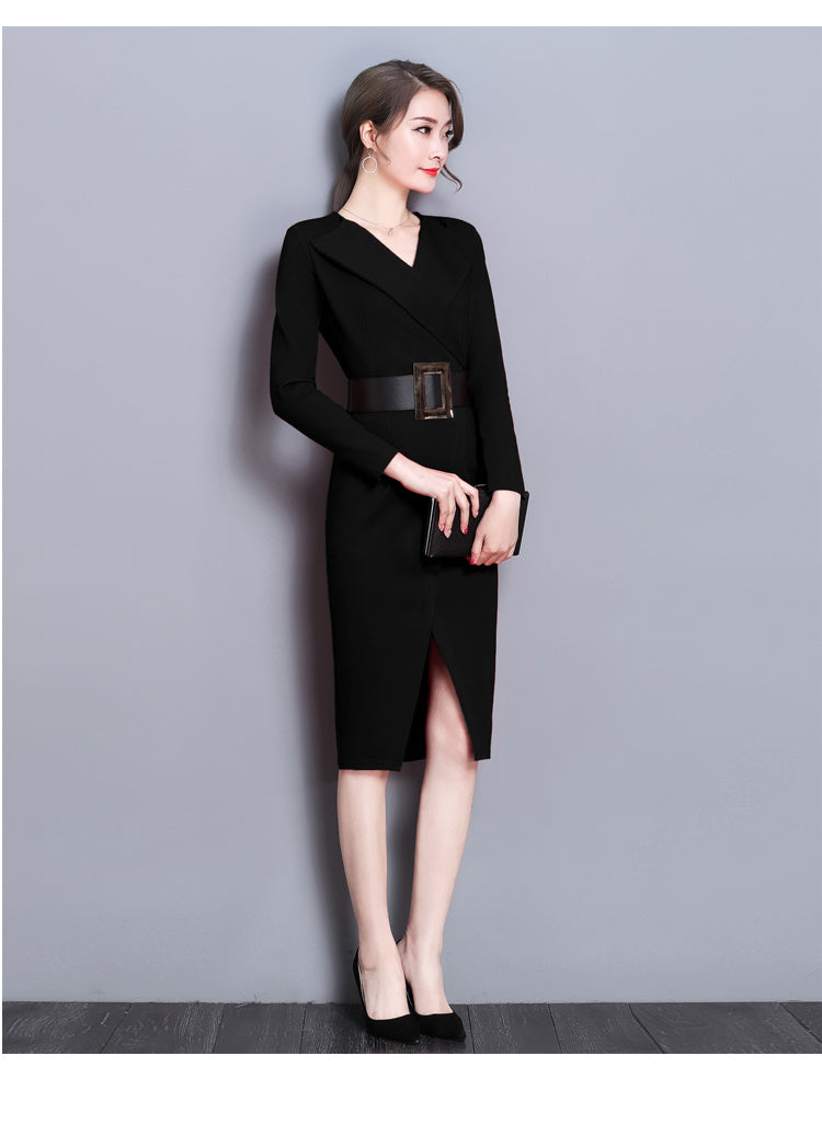 Long-sleeved dress mid-length V-neck temperament