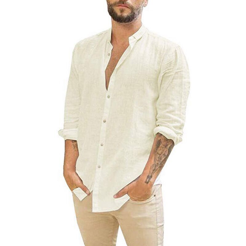 Solid Color Stand-Up Collar Loose Cotton Shirt