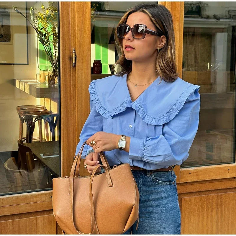 Women's Doll Collar Long-Sleeve Casual Shirt Polyester S-XL