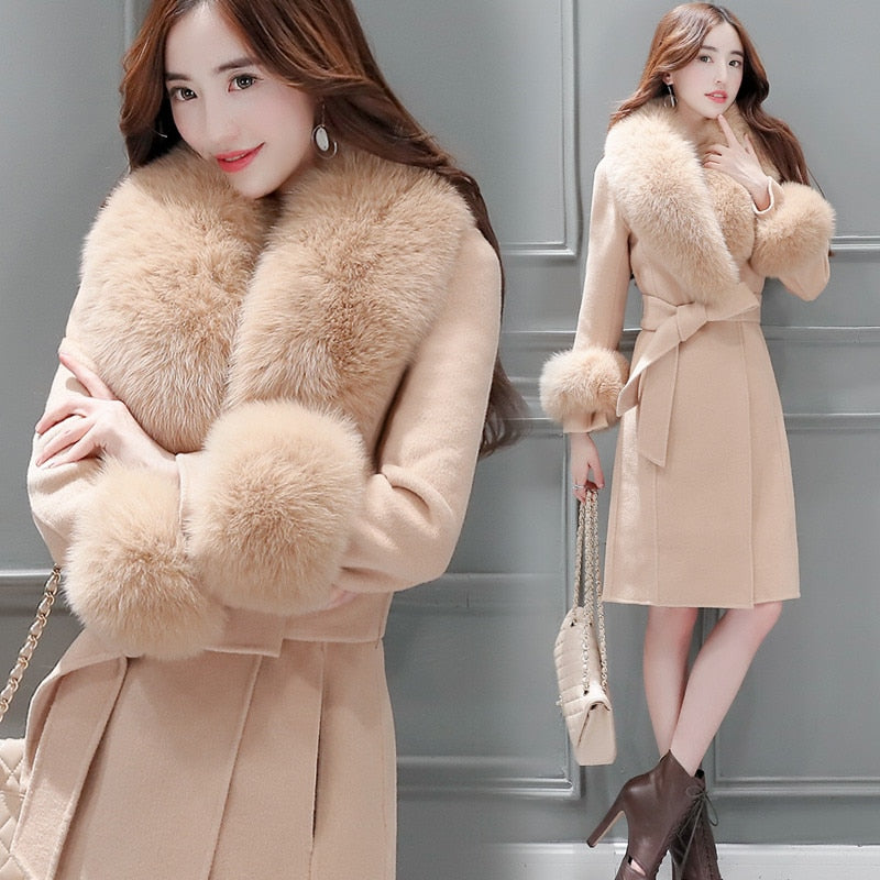 Women's Long Lace-Up Coat with Fur Collar