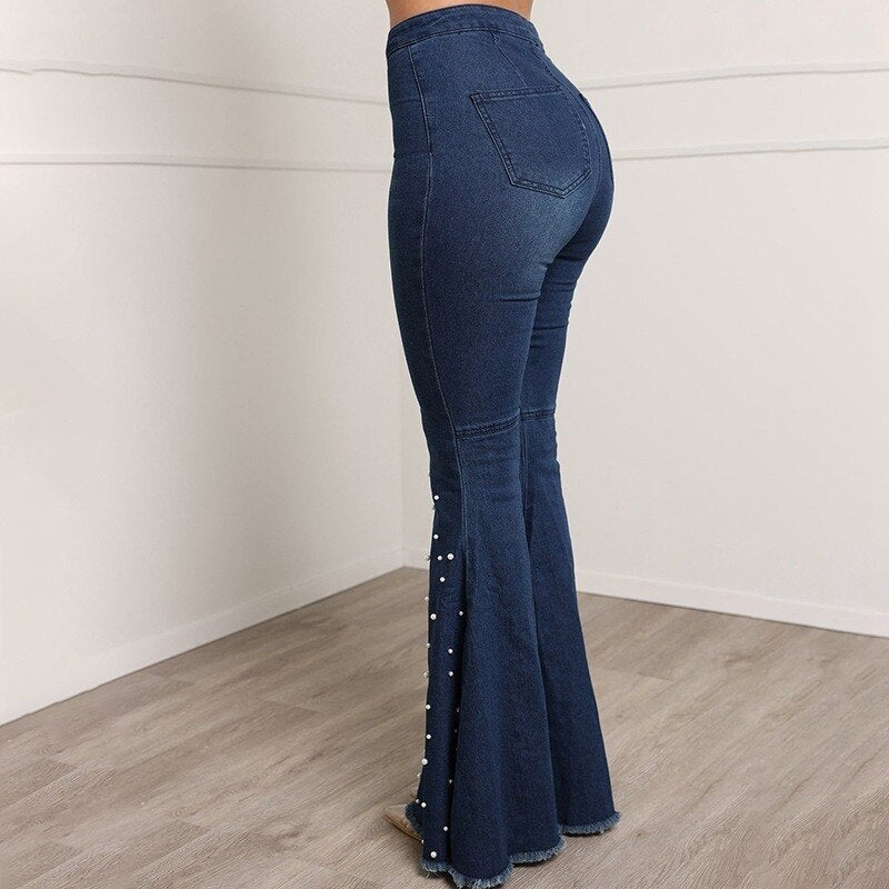 Pantalon patte d'éléphant en jean brodé de perles, mélange de coton