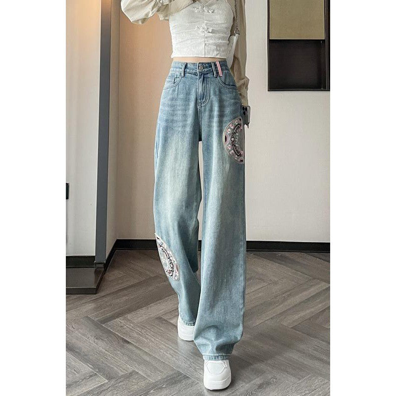 Jean droit taille haute bleu glacier avec broderie