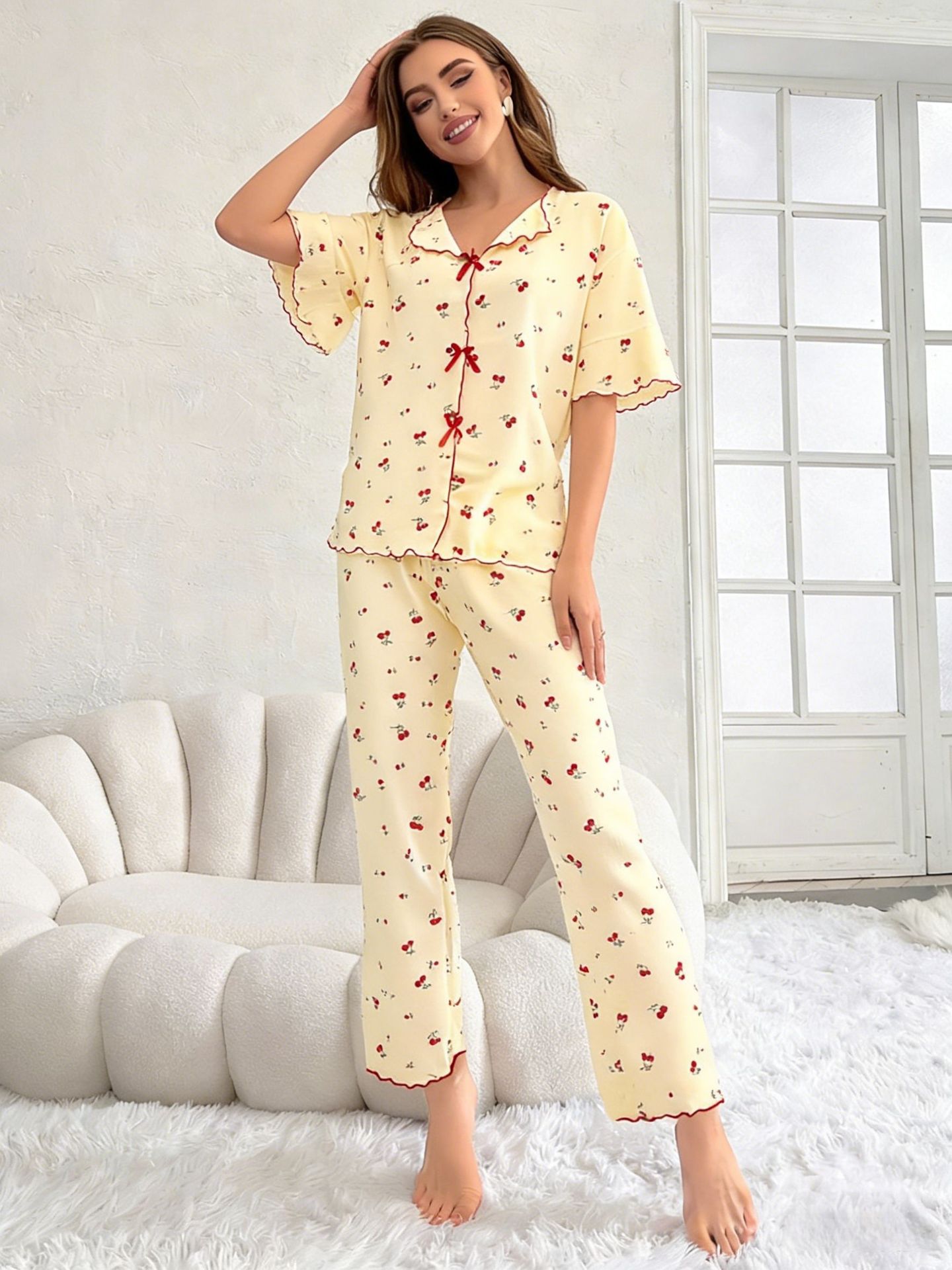 Women's Crew-Neck Cherry-Print Short-Sleeve Top And Pants Set