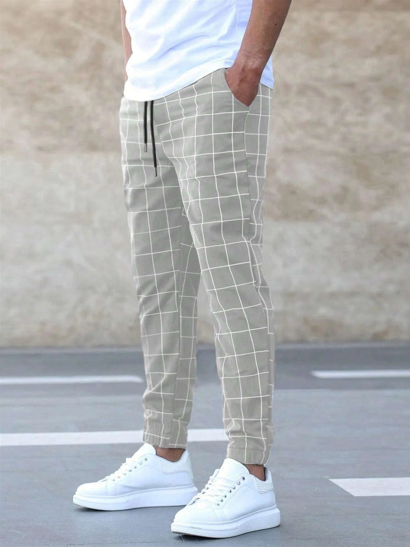 Pantalon décontracté à carreaux pour homme avec cordon de serrage, taille mi-haute, coupe droite