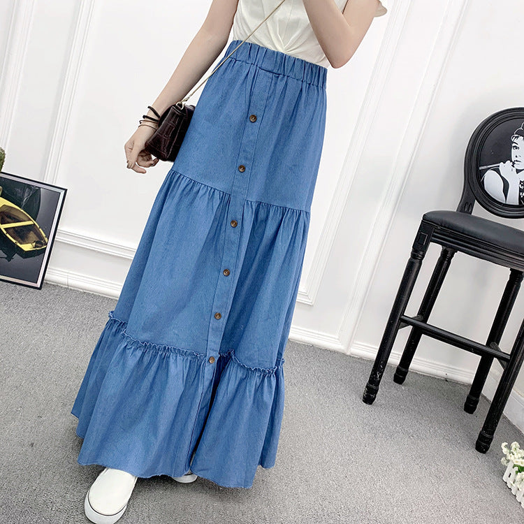 Vintage Minimalist High Waist A-Line Denim Skirt in Light & Deep Blue